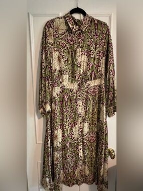 William Morris  Floral Vine Midi Shirt Dress in Green and Burgundy Size 12